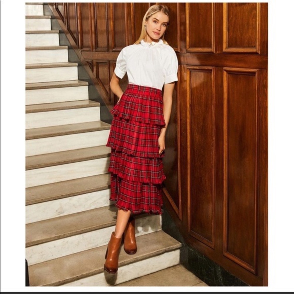 Antonio Melani Katrina Plaid Print Ruffle Tiered A-Line Midi Skirt